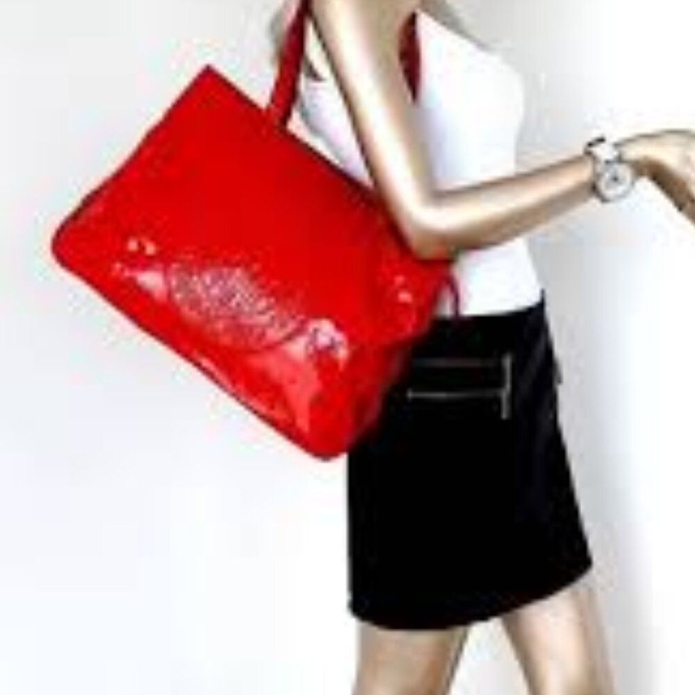 Tory Burch Ella Red Patent Leather Canvas Monogram Large Bag Tote Gold MINT - Picture 12 of 13